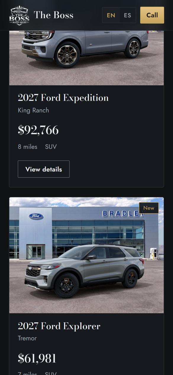 The Boss Auto Sales on a phone, vehicle listings